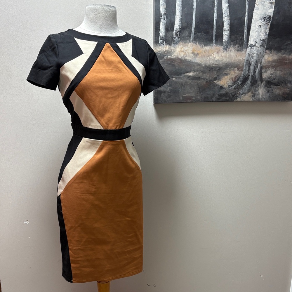 Paper Doll Geometric Mini Dress in Black, Cream, and Tan